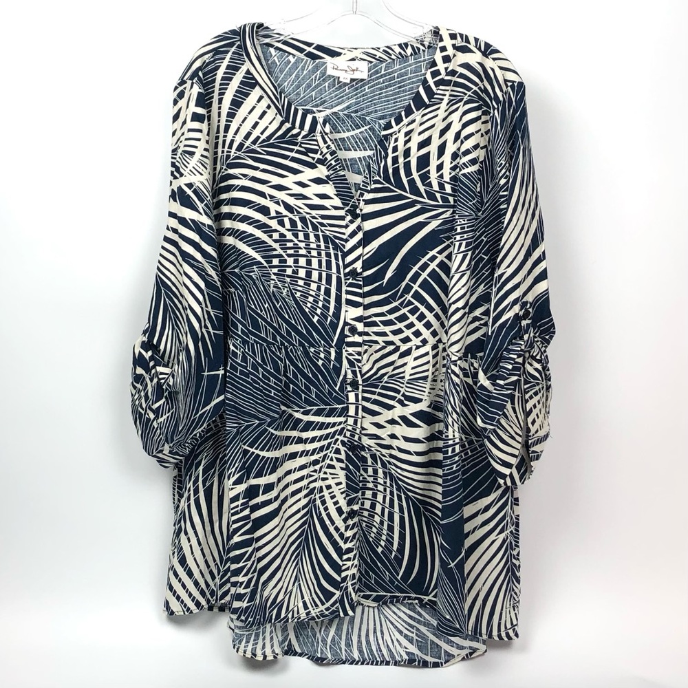 Panama Jack Blouse Peplum Vneck Linen Blend Tropical Palm Navy Blue Button up 2X